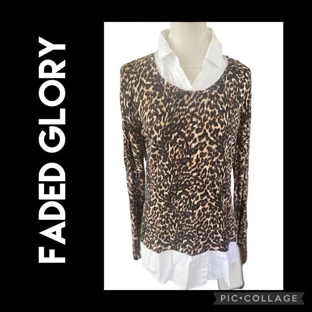 Faded Glory Animal Print Full Collar Lightweight Long Sleeve Blouse Size Large-E